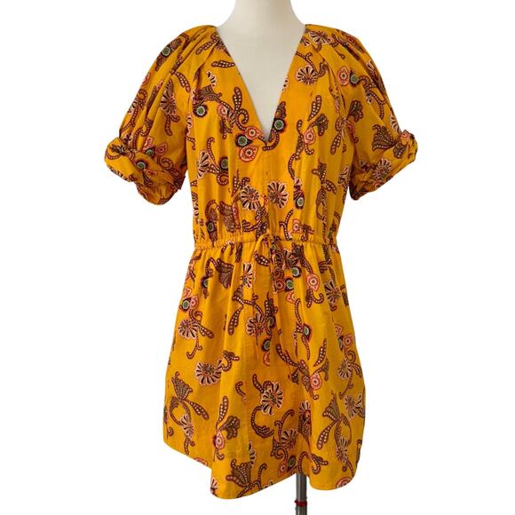 A.L.C. Mia Printed Mini Dress Short Puffed Sleeves Rolled Cuffs Limone Multi 12 - Picture 1 of 11